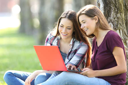 Two happy friends searching media content online in a red laptop sitting on the grass in a parkの写真素材