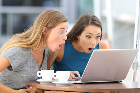 Two amazed friends watching scandalous content in a laptop sitting in a bar