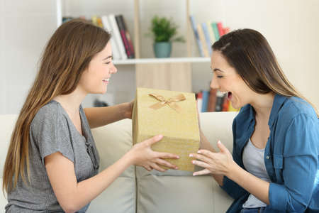 Excited girl receiving a gift from a freind sitting on a couch in the living room at homeの写真素材