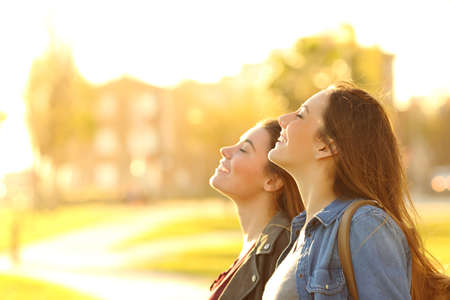 Side view portrait of two happy women breathing fresh air in a park at sunsetの写真素材