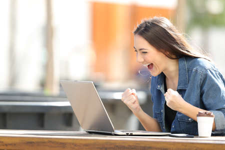 Excited woman checking laptop online content sitting in a parkの写真素材