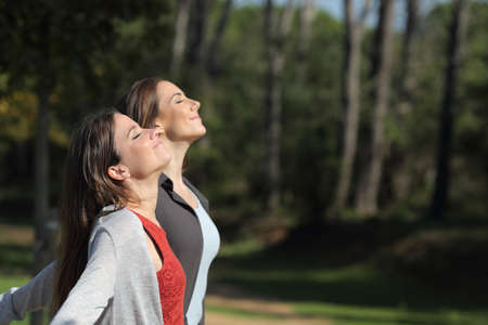 Profile of two relaxed women breathing deeply fresh air standing in a park.jpgの写真素材