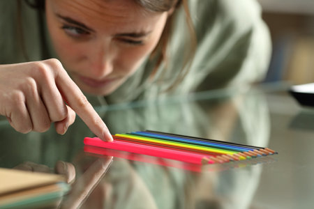 Obsessive compulsive woman aligning up pencils accurately on a glass tableの写真素材