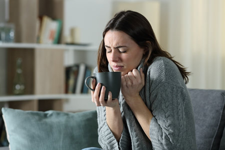 Angry woman getting cold holding coffee mug and grabbing sweater sitting on a couch at homeの写真素材
