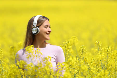 Happy woman listening to music wearing headphones contemplating views in a yellow field in spring seasonの写真素材