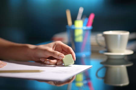 Close up of a woman hand erasing with an eraser in the night at homeの写真素材