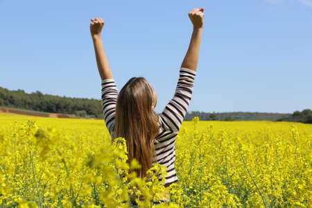 Back view portrait of an excited woman raising arms in a field on summer vacationの写真素材