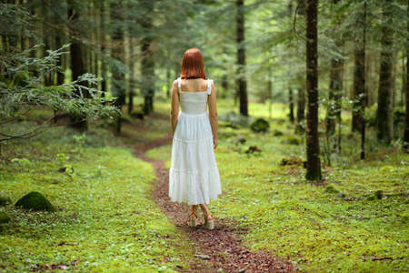 Back view of a woman with white dress walking alone in a green forest in spring seasonの写真素材