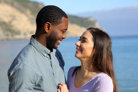 Side view portrait of an interracial couple in love looking each other on the beachの写真素材