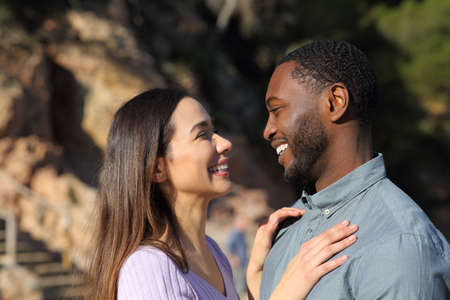 Profile of a happy interracial couple flirting falling in love looking each otherの写真素材