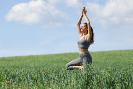 Concentrated woman doing yoga exercise in a wheat fieldの写真素材