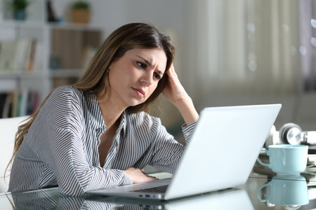 Worried woman is checking laptop content at home in the nightの写真素材