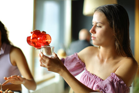 Woman filling glass with water sitting in a restaurantの写真素材