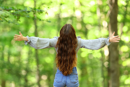 Back view portrait of a woman outstretching arms celebrating in a forestの写真素材