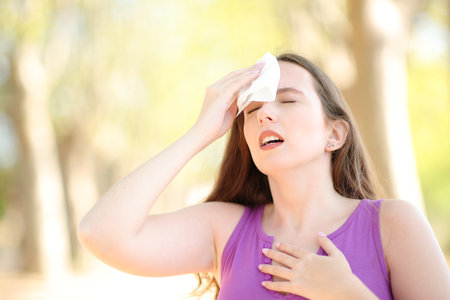 Stressed woman drying sweat on a hot summer day in a parkの写真素材