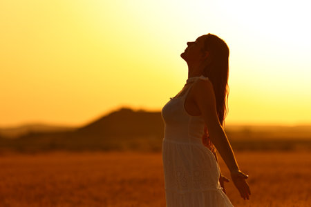 Profile of a woman silhouette breathing fresh air in a wheat field at sunsetの写真素材