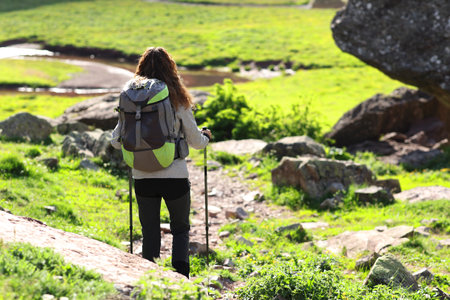 Back view portrait of a hiker woman walking in the mountainの写真素材