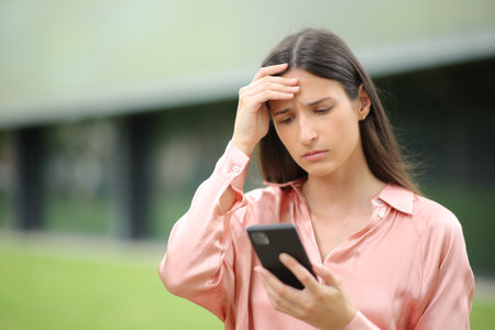 Concerned woman complaining checking news on phone in a parkの写真素材