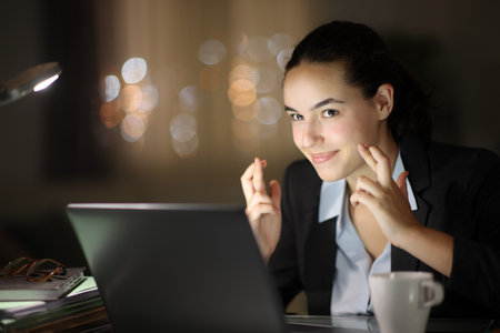 Businesswoman in the night crossing fingers with a laptopの写真素材