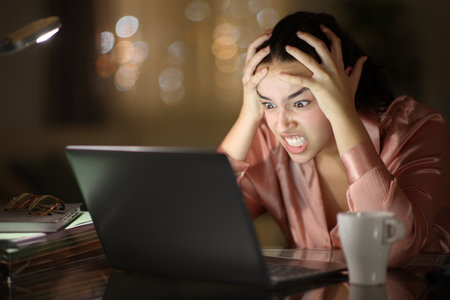 Angry tele worker working with laptop in the night at home officeの写真素材