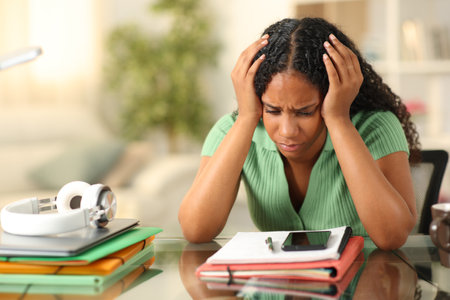 Worried black student complaining checking notes and phone at homeの写真素材
