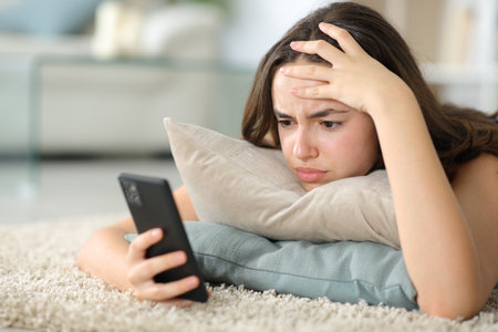 Worried woman checking phone lying on the floor at homeの写真素材