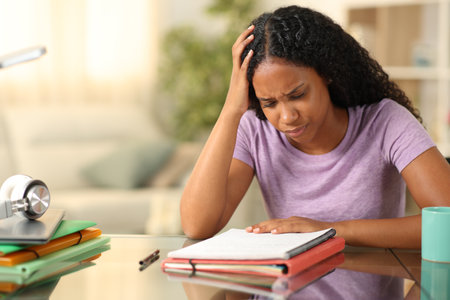 Worried black student studying memorizing notes at homeの写真素材