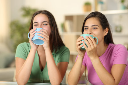 Two funny women drinking coffee at homeの写真素材