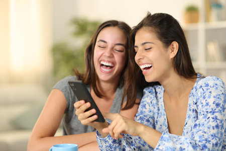 Funny friends laughing checking phone at homeの写真素材