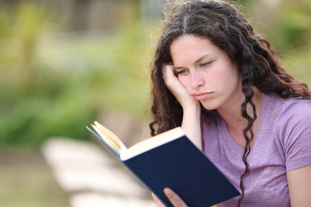 Bored woman reading a paper book sitting in a parkの写真素材