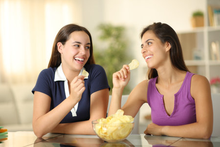 Two happy friends talking eating potato chips at homeの写真素材