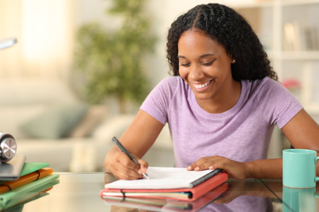 Happy black student taking notes on notebook sitting at homeの写真素材