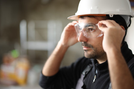 Construction worker putting protective eyeglasses in a house under renovation