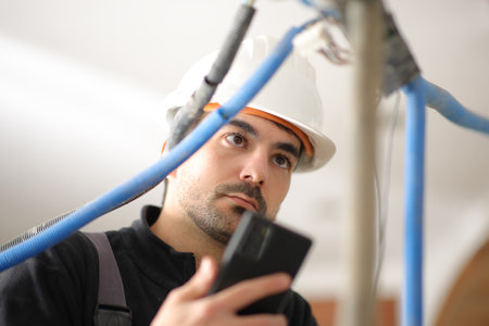 Electrician checking installation using phone in a house under constructionの写真素材