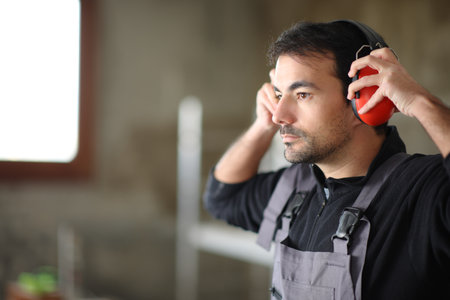 Construction worker putting noise cancellation headphone in a house under renovation
