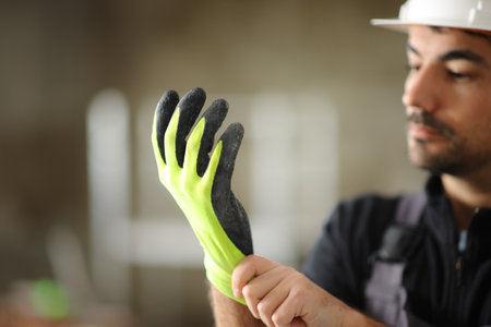 Construction worker putting a yellow protection glove in a house under renovationの写真素材