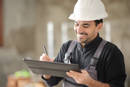 Happy construction worker using tablet in a houseの写真素材