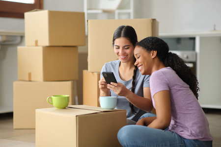 Black and white women checking phone moving house in the kitchenの写真素材