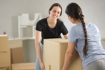 Two women suffering lifting heavy box moving homeの写真素材