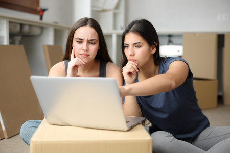 Doubtful roommates checking laptop content and making decisions moving homeの写真素材