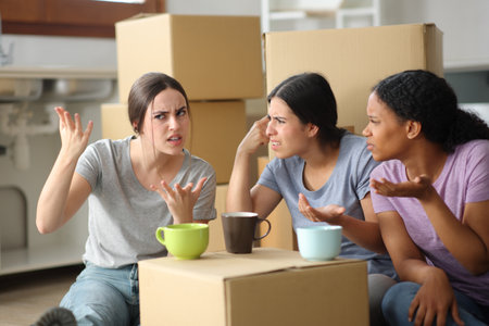 Three angry roommates arguing while moving house in the kitchenの写真素材