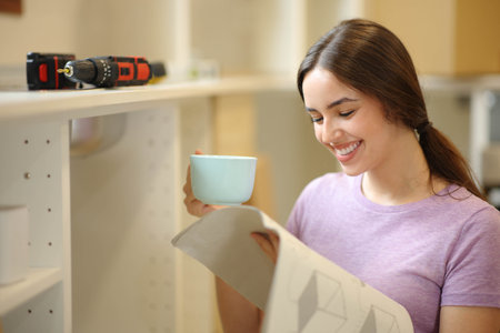 Happy homeowner reading instructions manual and drinking coffee reforming houseの写真素材