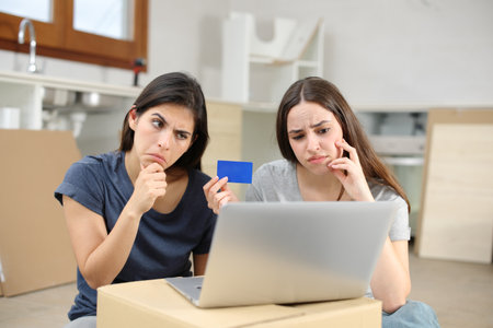 Suspicious roommates buying online using credit card and laptop renovating houseの写真素材