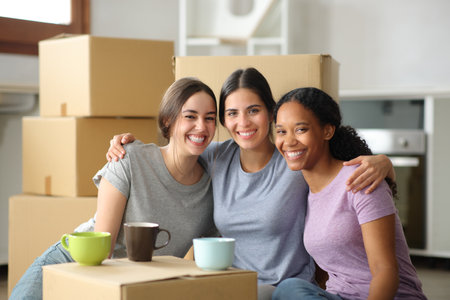 Three happy multi ethnic roommates posing looking at you moving houseの写真素材