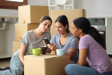 Three roommates checking cell phone searching content moving home
