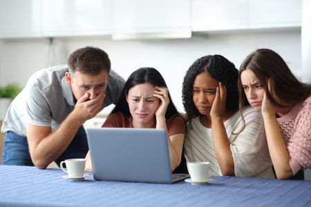 Worried interracial friends checking bad news laptop in the kitchen at homeの写真素材