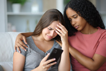 Sad woman holding phone being comforted by black friend at homeの写真素材