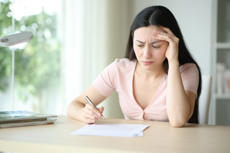 Worried asian woman reading contract before sign in a desk at homeの写真素材