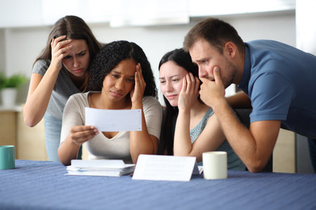 Four worried interracial friends checking invoice in the kitchen at homeの写真素材