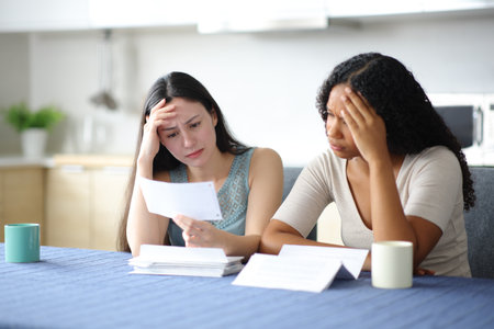 Two worried interracial couple checking receipts in the kitchen at homeの写真素材